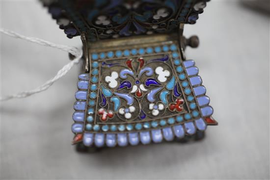 A late 19th century Russian 84 zolotnik silver and cloisonne enamel novelty salt modelled as a chair, 2.25in.